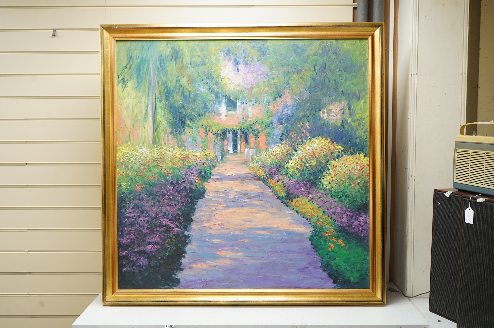 Impressionist school, garden scene, unsigned, oil on board, 98 x 98cm